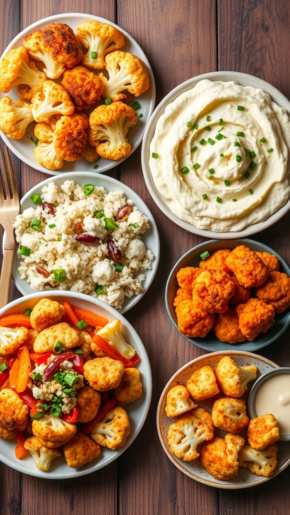 Four cauliflower dishes: roasted, mashed, stir-fried, and buffalo bites on a wooden table.